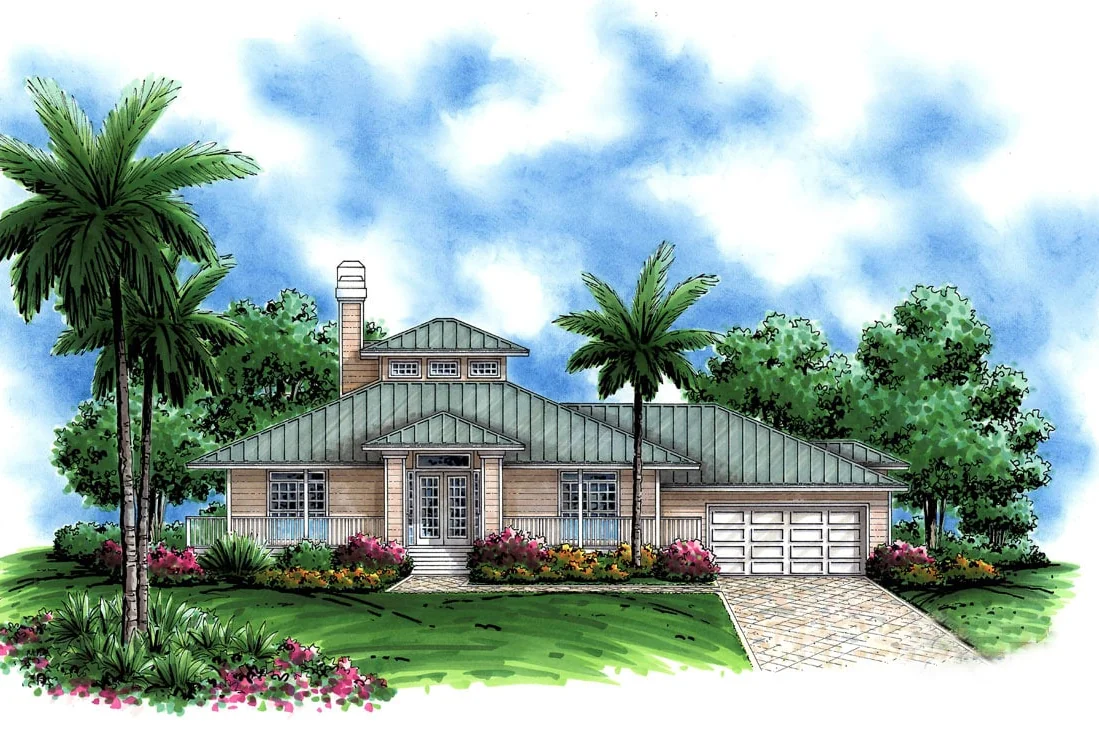 Beautiful coastal Florida home exterior painted in soft sage green with white trim and bronze front door accents