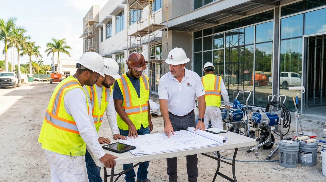 Painting subcontractor crew reviewing plans at large Florida project