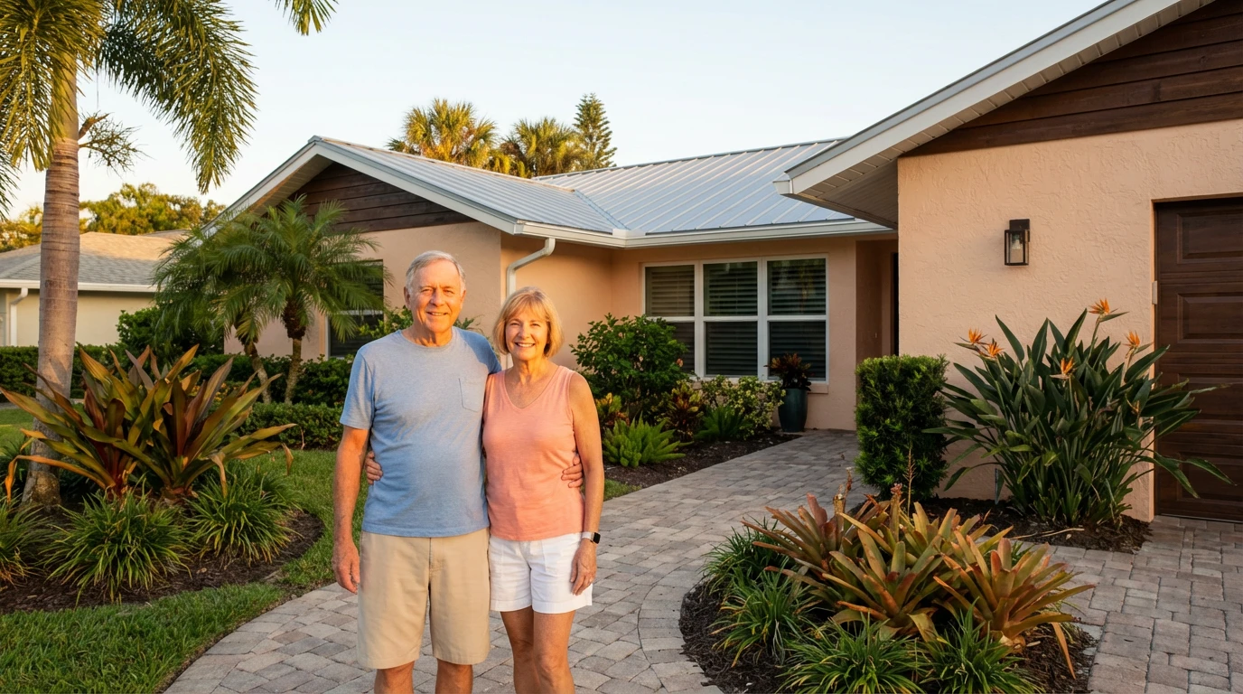 Happy homeowners in front of freshly painted Florida home