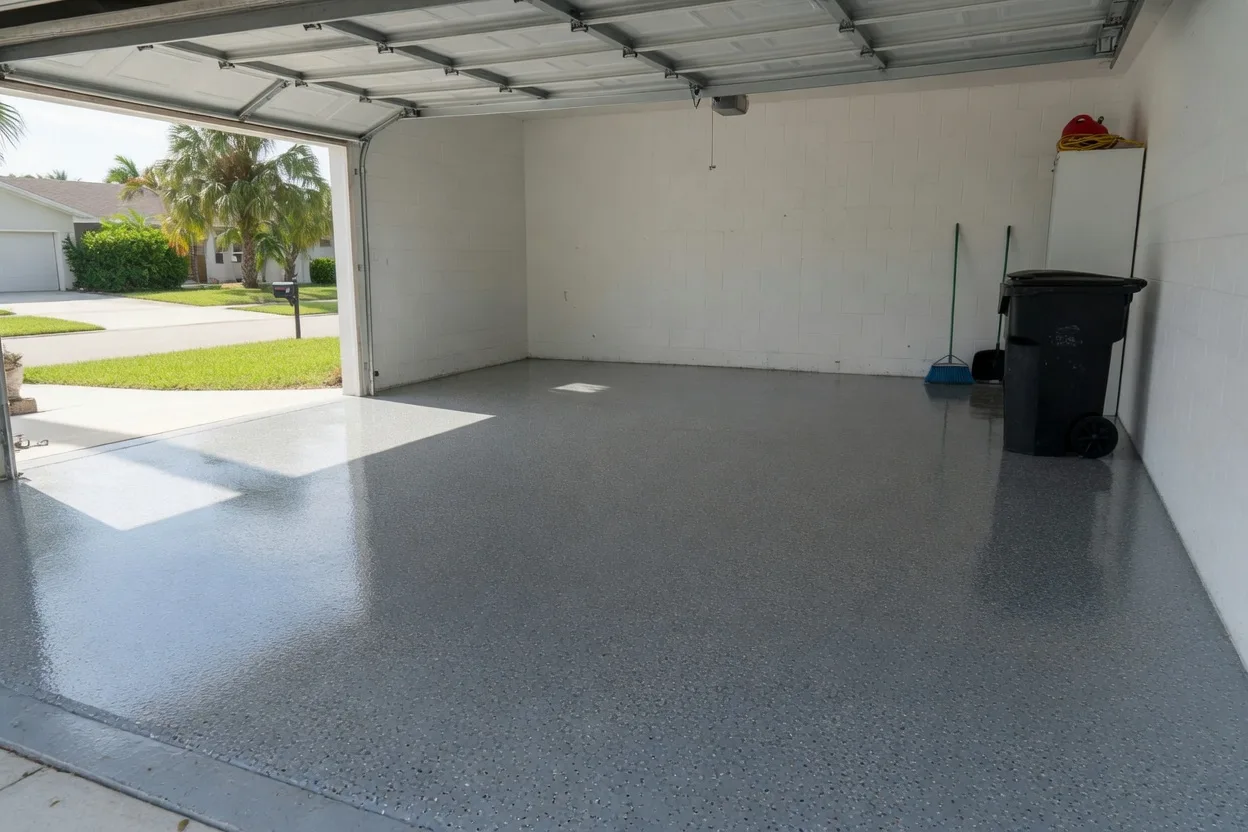 Same Land O Lakes epoxy garage floor, viewed from inside