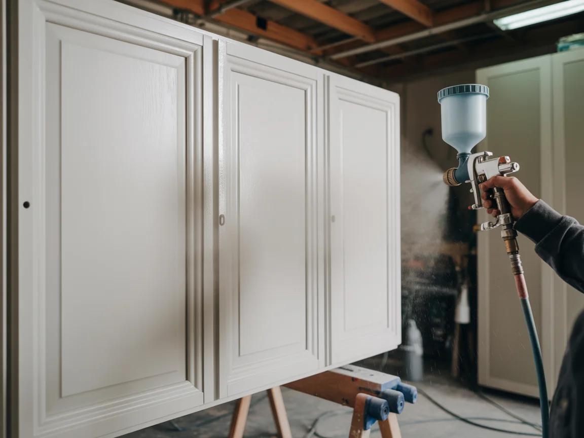 Cabinet doors being sprayed in a controlled finishing area