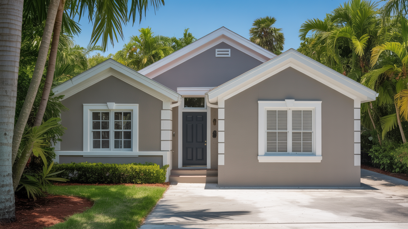 Single-story gray bungalow with white trim and a dark front door